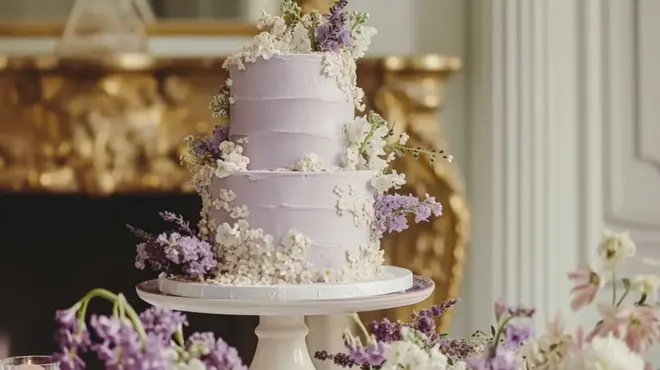 Elegant wedding cake table decorated with flowers, candles, and greenery at a reception venue